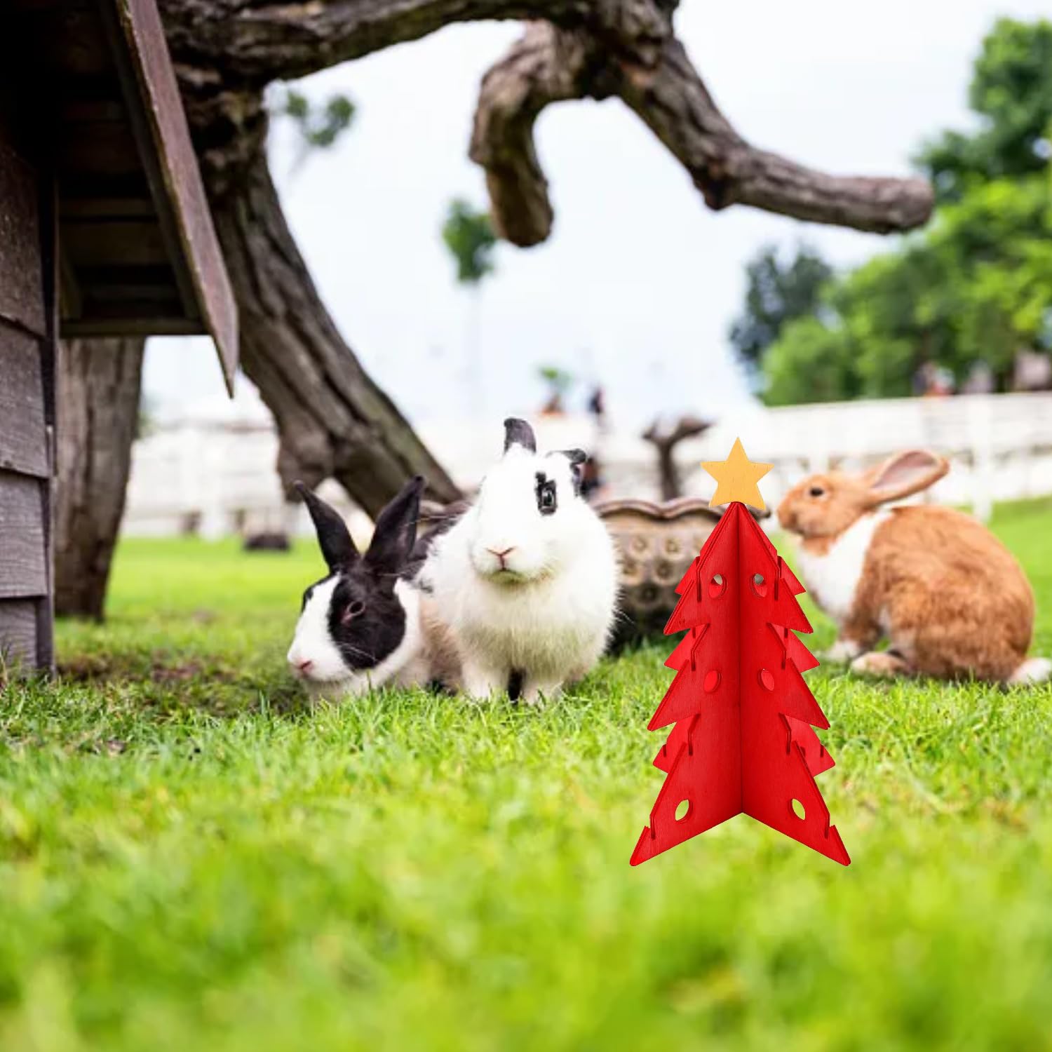 Miaija Christmas Tree Foraging Toy Red Rabbit Vegetable Hay Feeder Enrichment Toys Small Pet Interactive Chew Toys Habitat Decor for Guinea Pig Rabbit Bunny Hamster - Image 3
