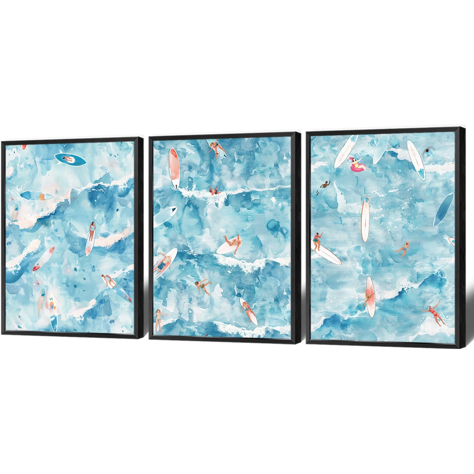 NONPAI 3 Set Blue Beach Wall Art Watercolor Beach Pictures Surfboard Posters Summer Ocean Surfing Tropical Canvas Prints For Living Room Apartment Room Decor 12x16in Framed
