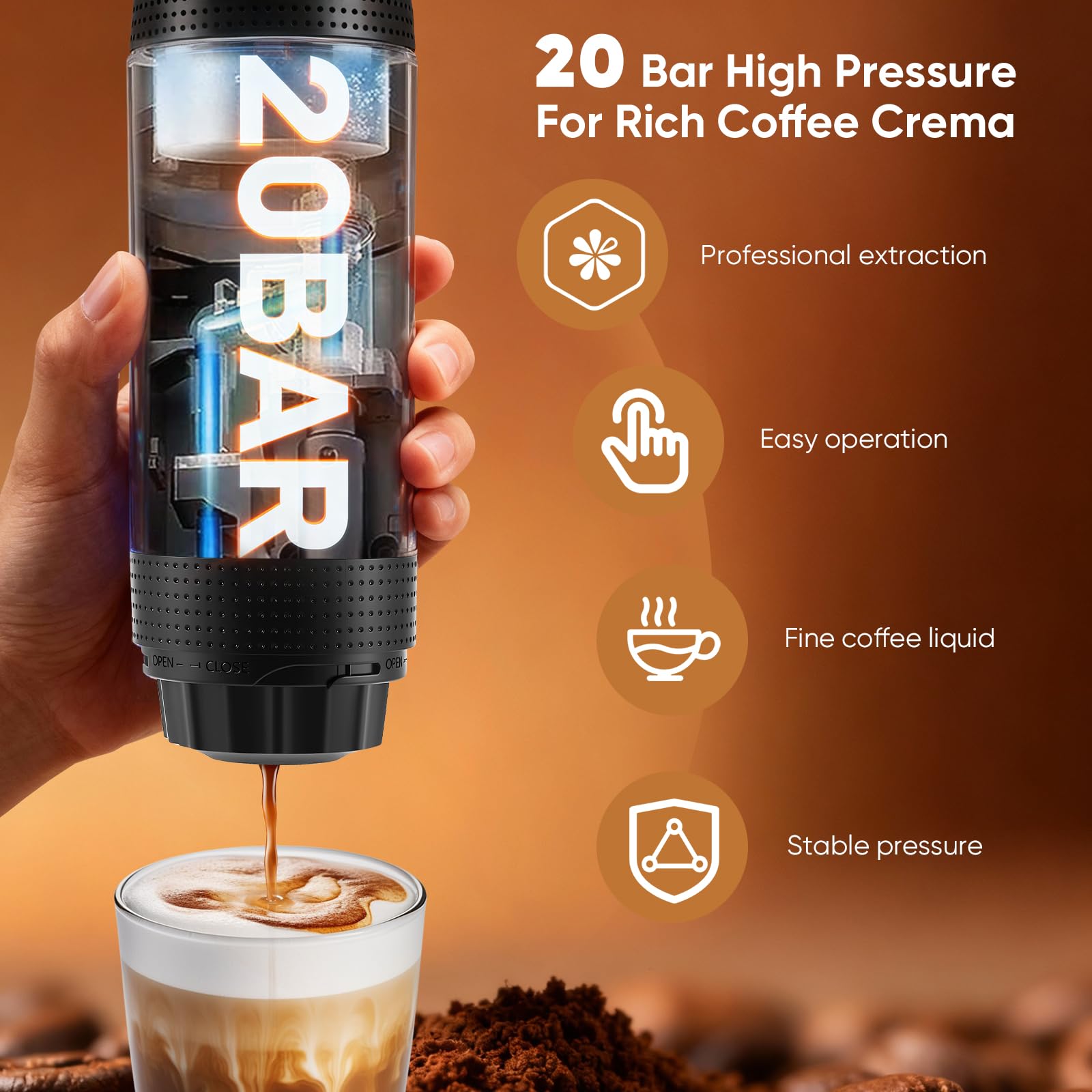 Machine à Café Portable 3 en 1 avec Batterie, Machine à Espresso USB-C pour Voiture, Compatible avec Capsules et Café Moulu, Gadget pour Camping-Car et Cadeau Camping, Blanc