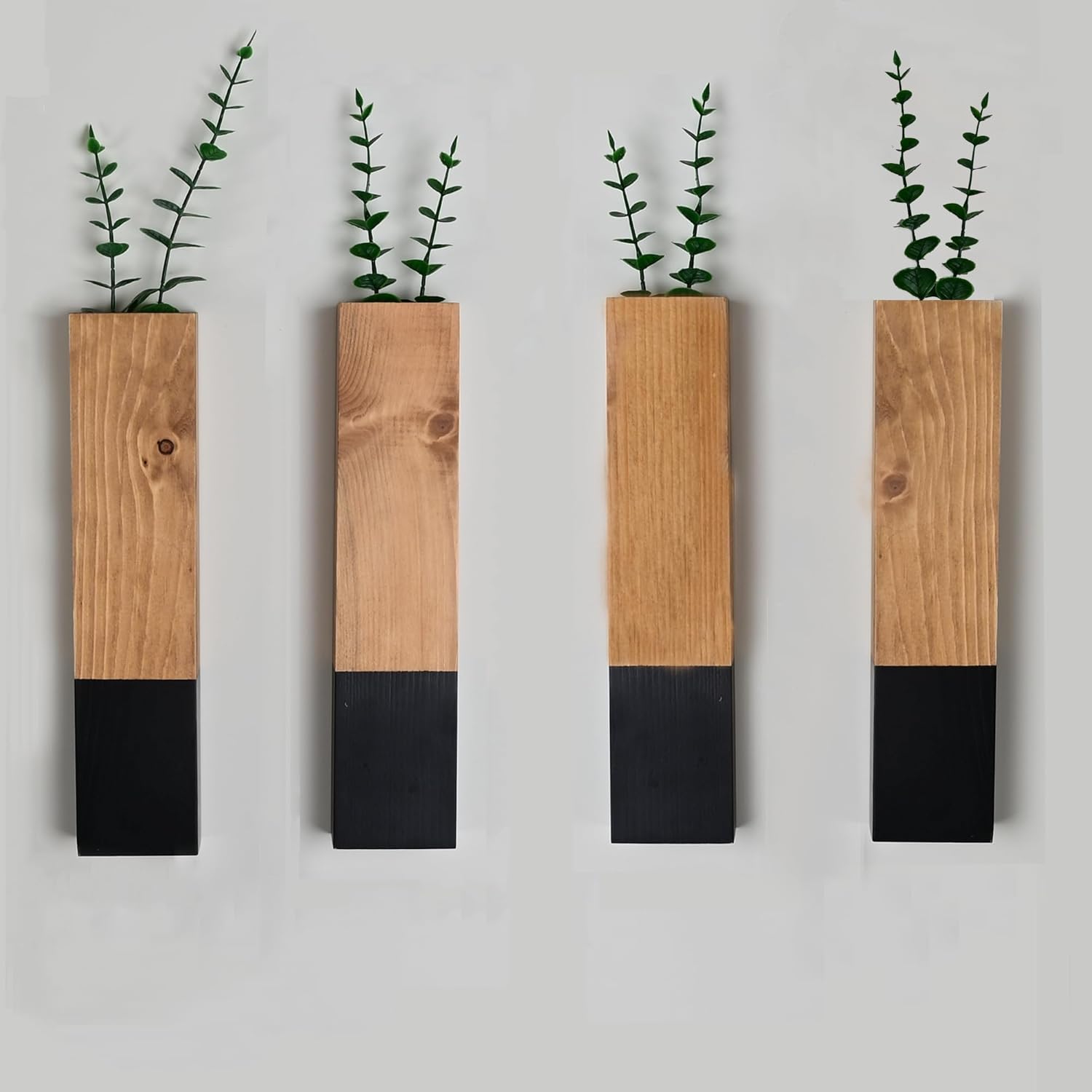 4Pack Wood Wall Planters for Indoor Plants, Farmhouse Wall Decor for Bathroom, Living Room,Bedroom, Wooden Vase Ideal for Dried Flowers and Faux Greenery Nature&black