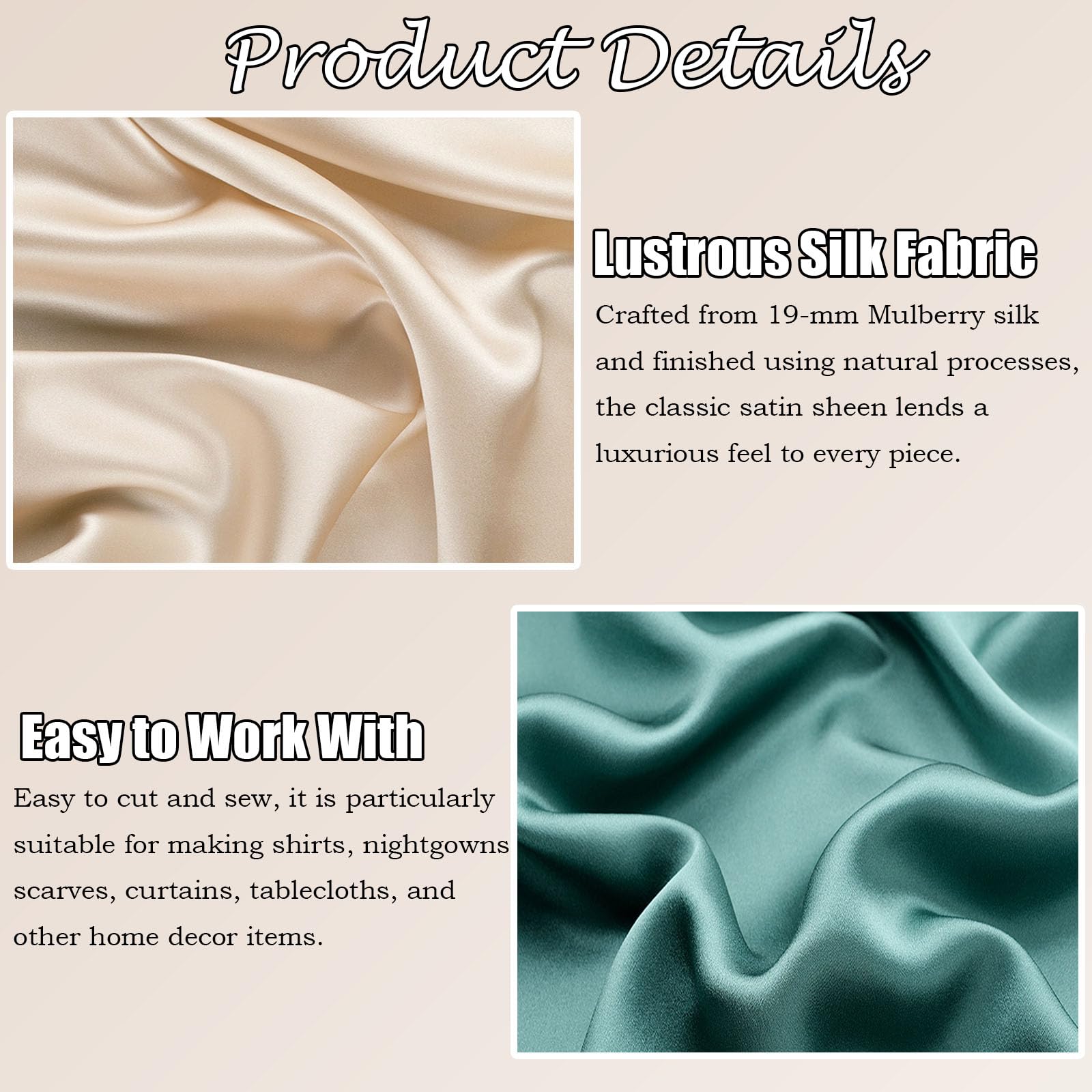 Tissu en soie pure - 100 x 114 cm - Vendu au mètre - 19 mommes - Tissu en satin de soie brillant - Tissu décoratif en soie pour vêtements, pyjamas, écharpes, literie, rideaux, mariage