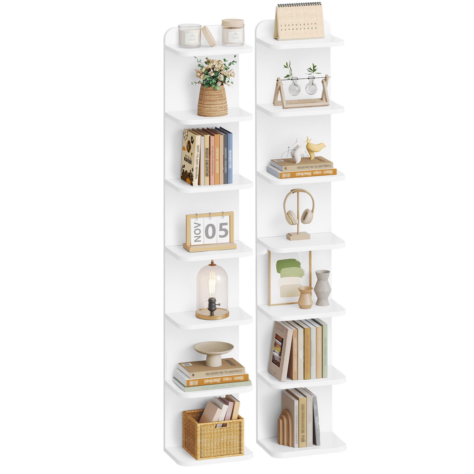 Hzuaneri 7 Tier Bookcase, Floating Bookshelf for Wall Mounted, White, 2PC