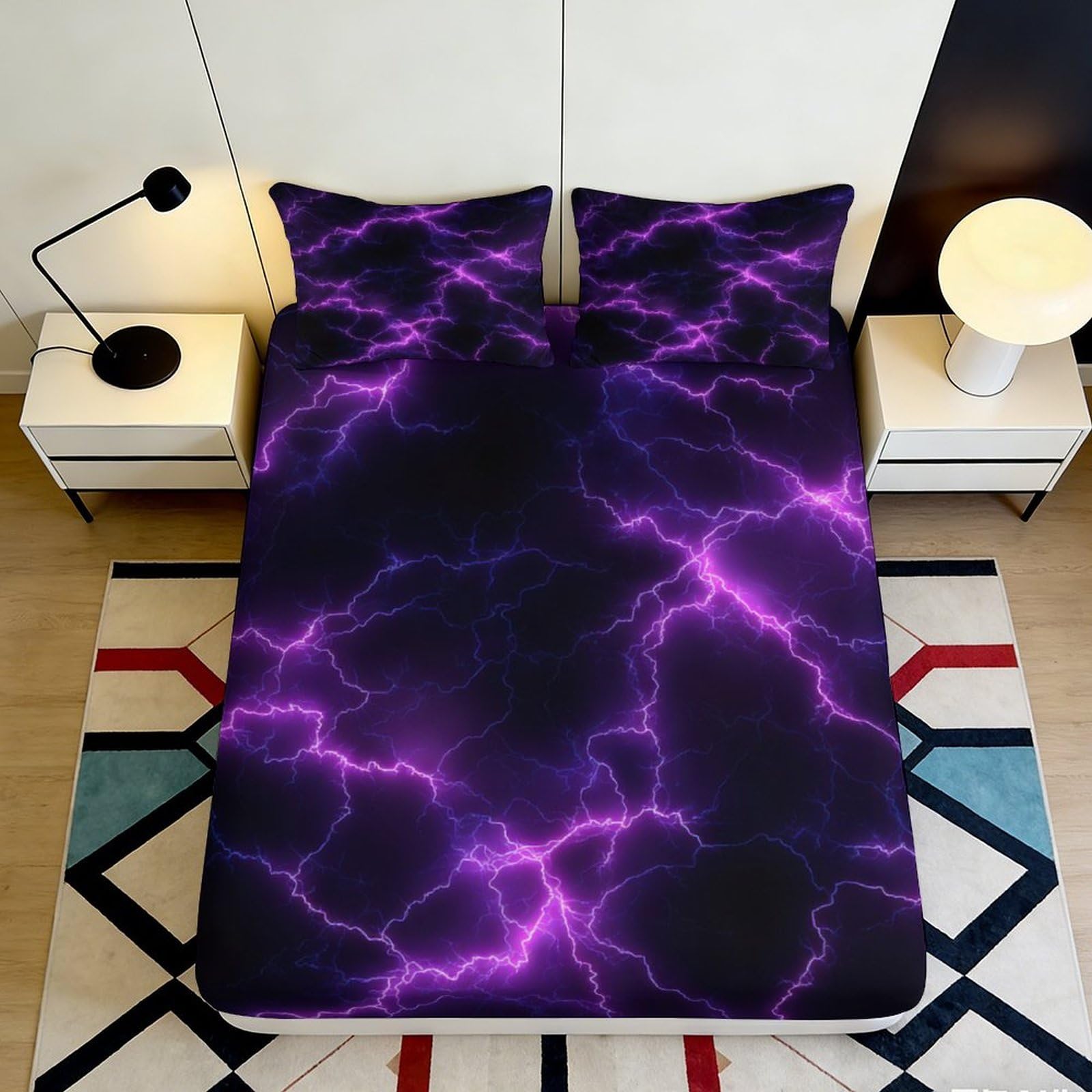3D Printed Purple Lightning Fitted Sheet Microfiber Deep Pocket Non-Slip Bedroom Purple Lightning Mattress Fitted Cover for All Ages 160x200x25cm