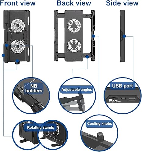 Miniatura 6 de Almohadilla de enfriamiento para laptop de 10 a 17 pulgadas, ángulo ajustable, ventilador de escritorio para laptop con puertos USB + tipo C,