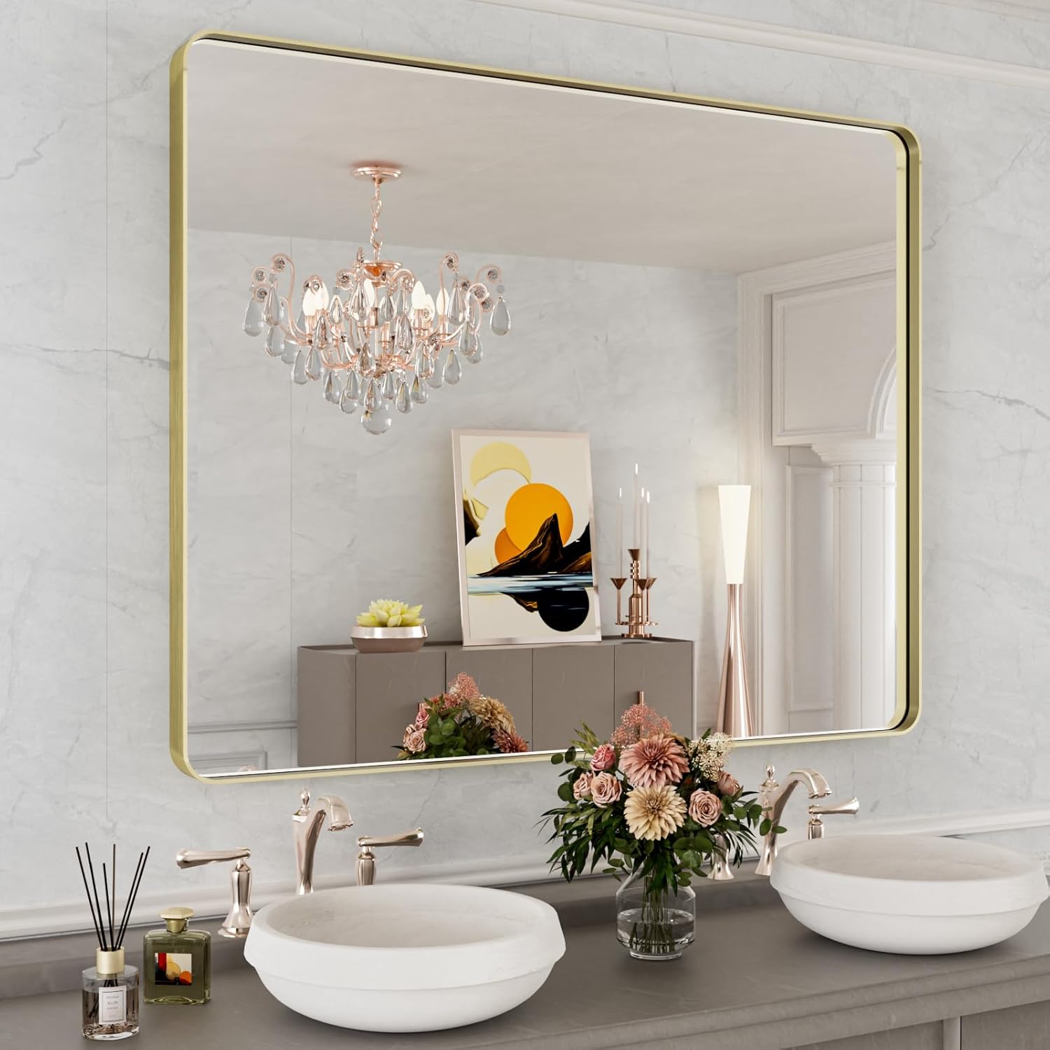 WEER Gold Bathroom Mirror, 40X32 Inch Brushed Gold Metal Frame Mirror, Rounded Rectangle Gold Bathroom Vanity Mirror for Wall, Tempered Glass, Anti-Rust, Hangs Horizontally or Vertically Gold 40"x32"