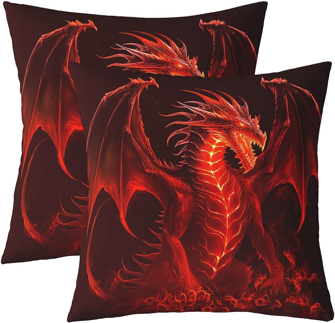 Castle Fairy Red Dragon Throw Pillow Covers 24"x24" Set of 2 Kids Boys Games Cushion Covers for Couch Sofa Flame Wild Animal Decorative Pillowcases Red Black Wildlife Outdoor Pillows Covers