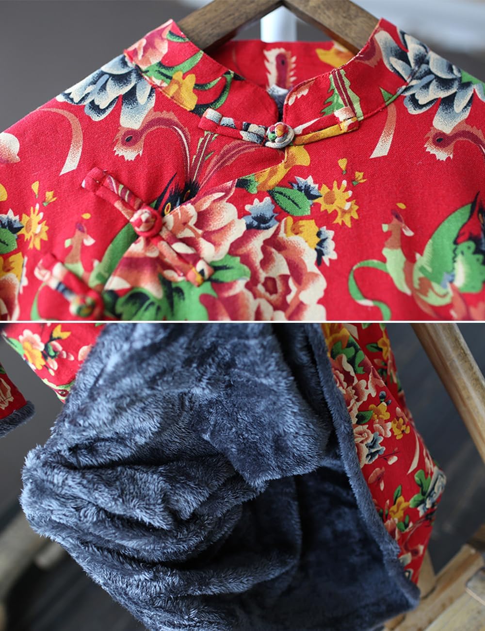 Ystylee Women Chinese Traditional Northeast Flower Cheongsam Dress Winter Fleece Lined Qipao with Pocket