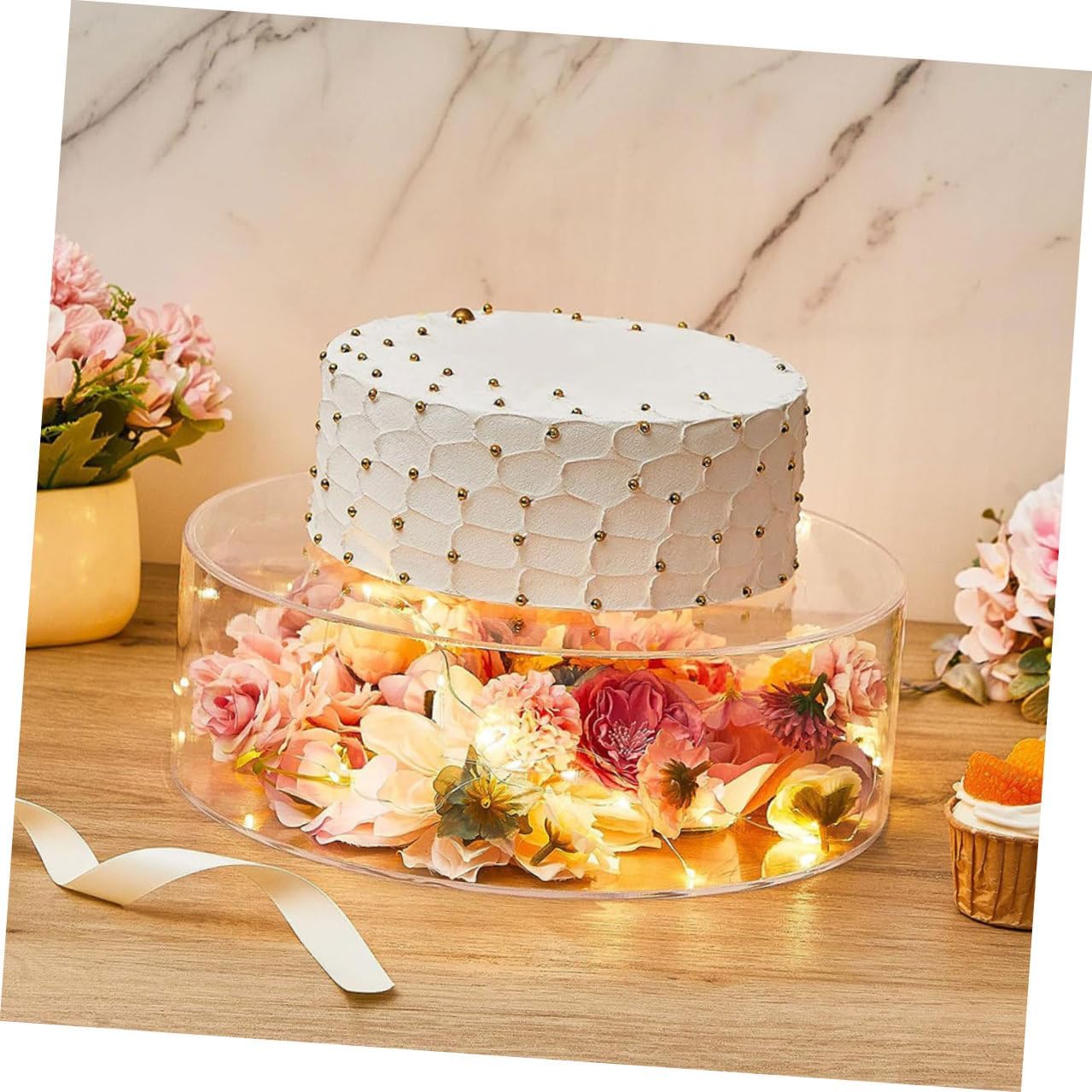 NUOBESTY 2Pcs Transparent Round Acrylic Cake Stand Fillable Display Holder for Cupcakes Desserts Snacks Lightweight Food Display Rack for Weddings Birthdays Tea Parties Banquets