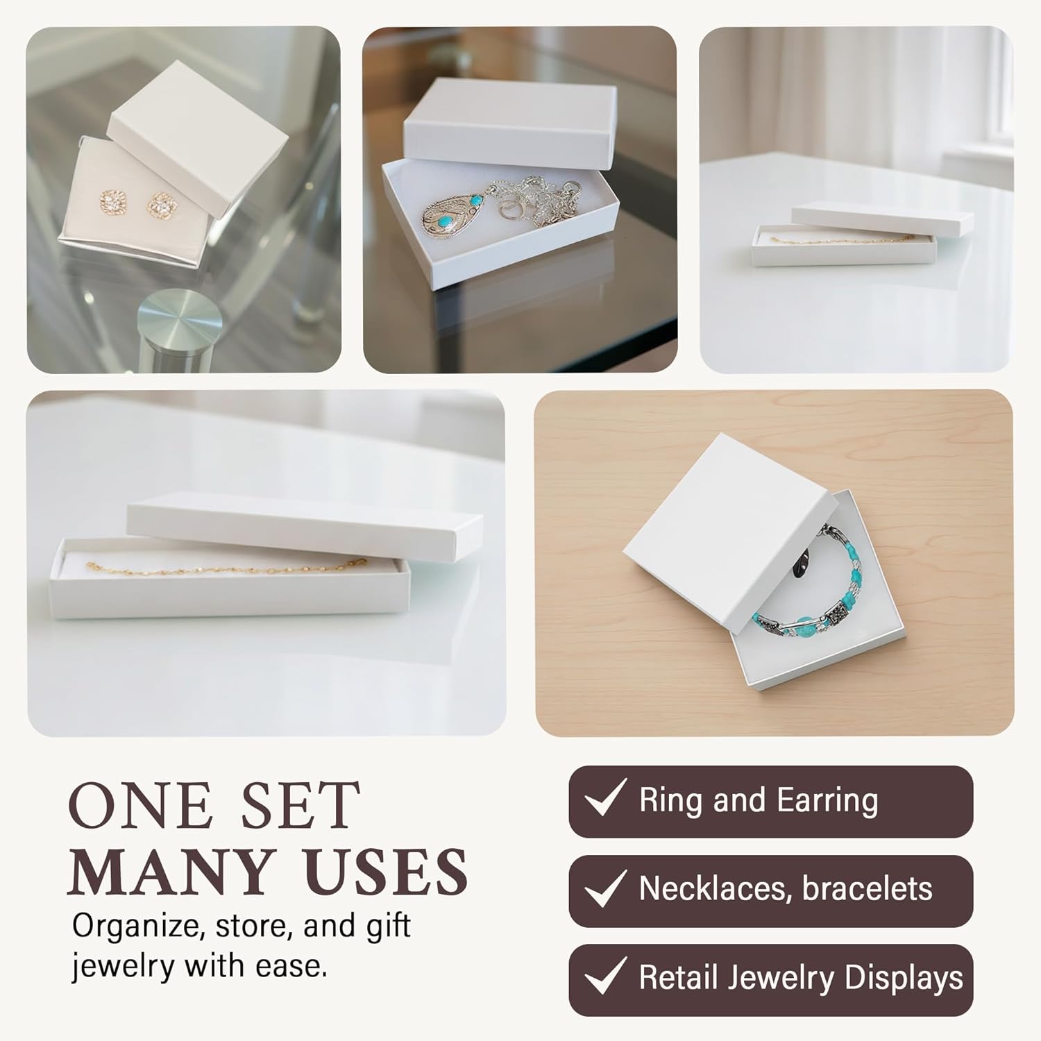 RJ Displays-25 Pack Jewelry Boxes Cotton Filled Assorted Mixed Gift Box Set for Ring, Pendants, Necklace, Bracelets and Watch (White, 25 Assorted Mixed Boxes) - Premium small box
