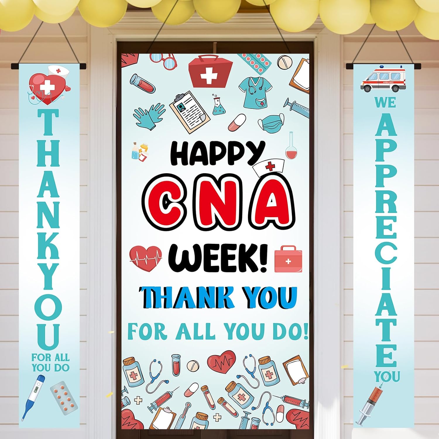 3 Pcs Thank You Nurse Decorations, Happy CNA Week Door Cover with Banner Set for Hospital Decoration, Thank You for All You Do Backdrop Banner for Nurse Day Graduation Party Decor Supplies