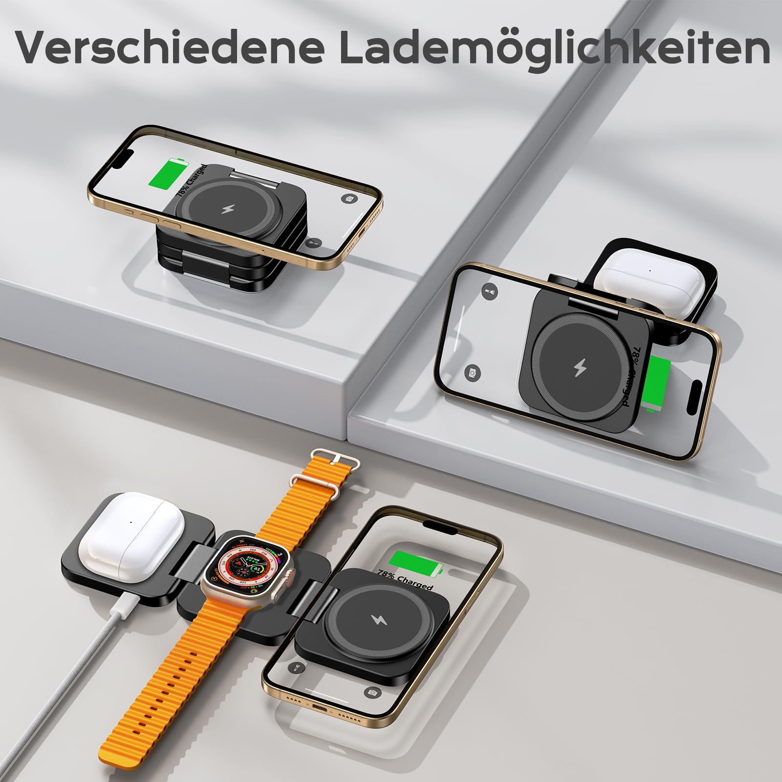 KU XIU 3-in-1 Induktive Ladestation Kompatibel mit Magsafe Ladegerät | Ladestation für iPhone 17/16/15/14/13/12, Faltbare Reisen Wireless Charger für Apple Watch und AirPods(Adapter inklusive)