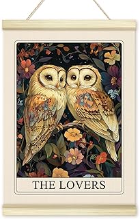 Boho Celestial Prints Lovers Poster Hanger Frame, Tarot Card Owl Wooden Canvas Art Print, Positive Wall Art for Living Room Bedroom Home Decor 12x16in -31