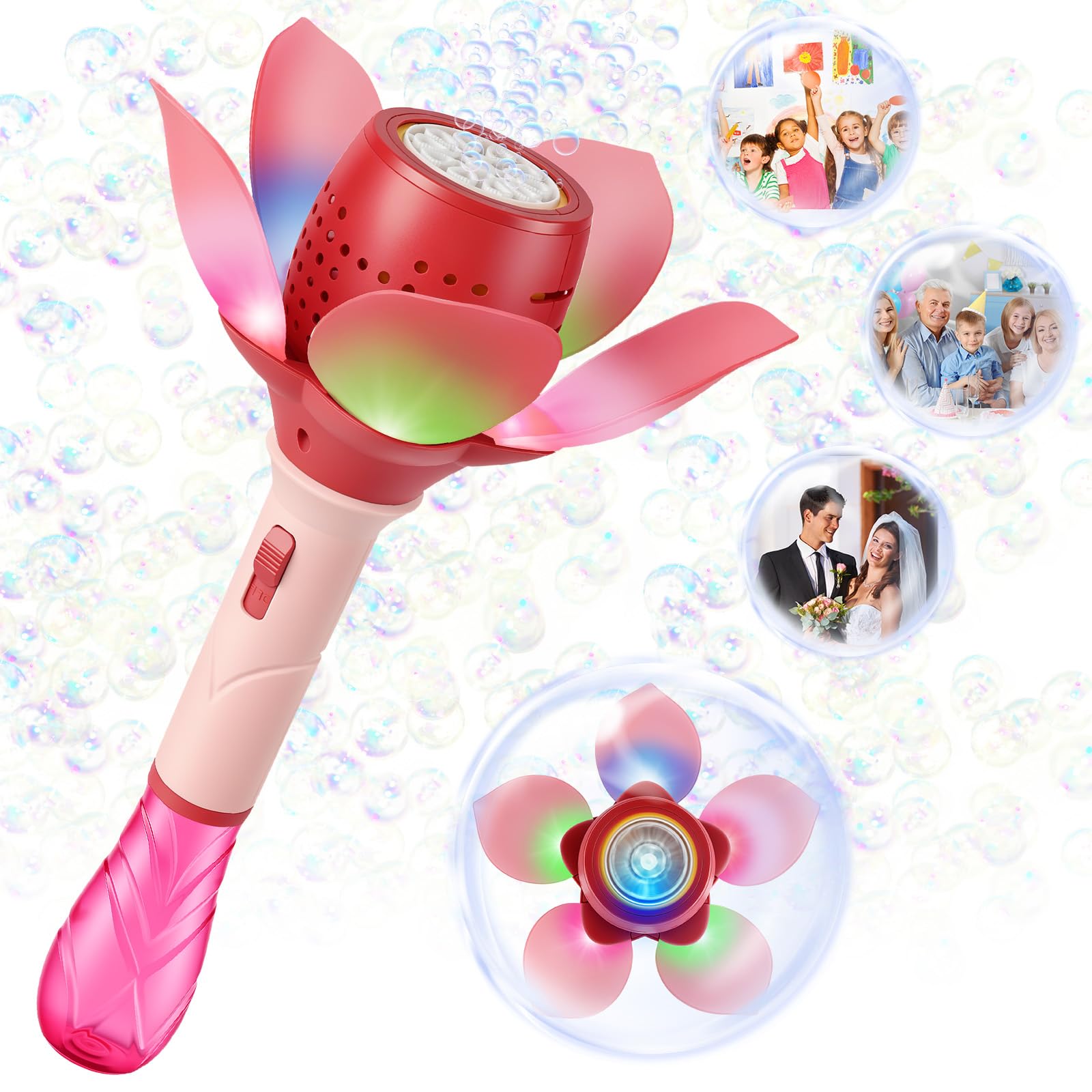 AUAUY Bubble Machine for Kids, Rechargeable Lotus Light Up Bubble Maker