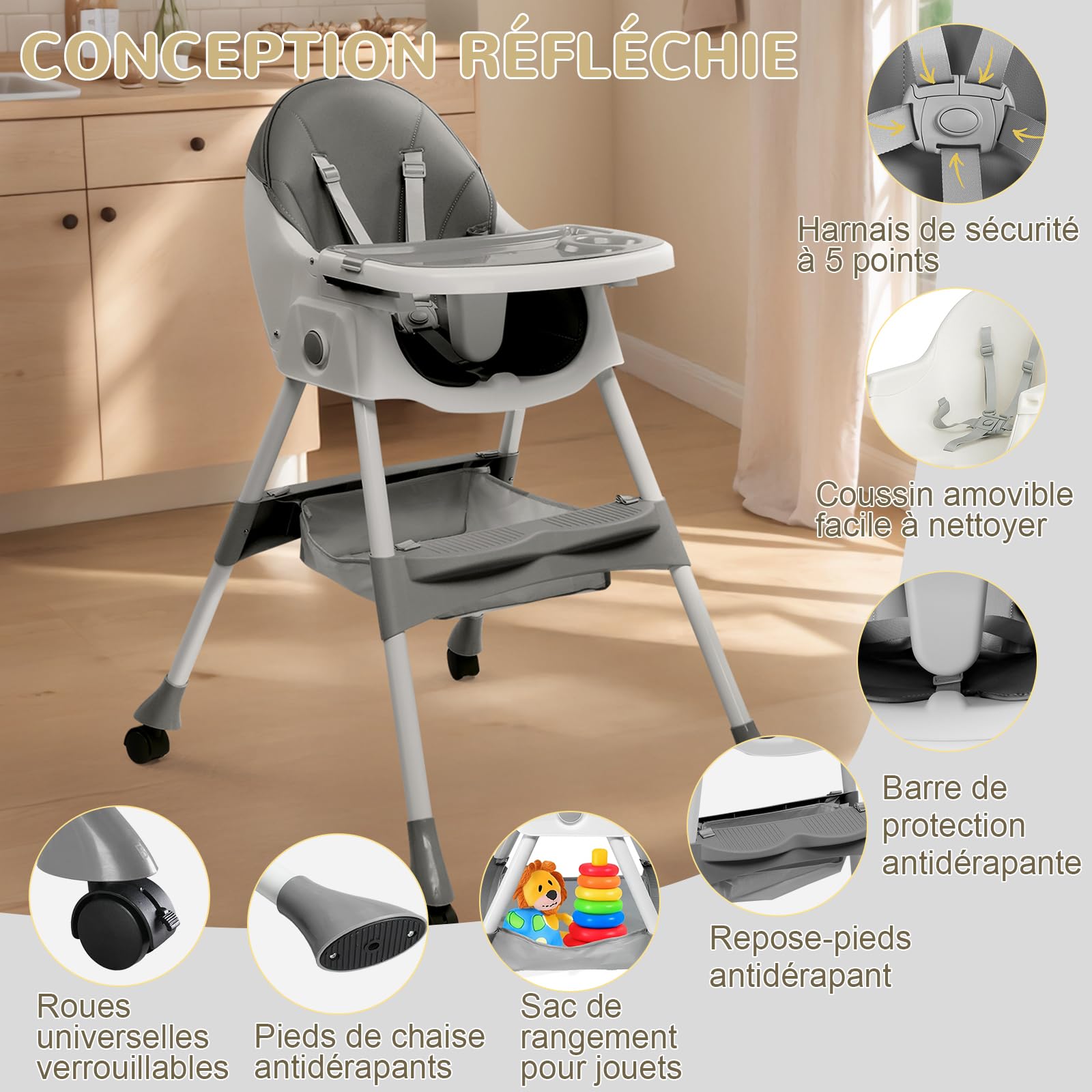 LEADZM 3 en 1 Chaise Haute Bébé Pliable, Plateau Double Amovible, avec Roulettes Pivotantes et Panier de Rangement, Convient aux Bébés de 6 à 36 Mois (Gris)