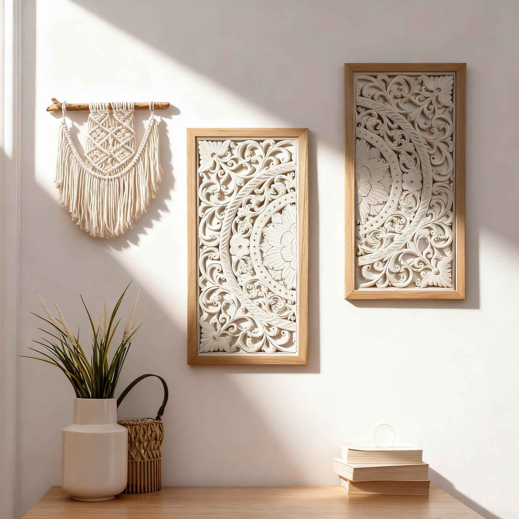 JUJOYBD Wandbild 57x57cm, Holz Ornament Shabby Weiß, Boho