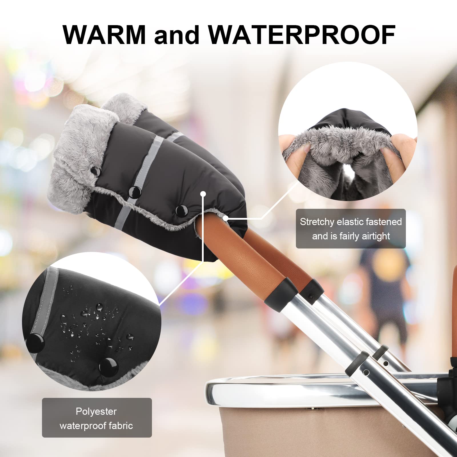 Homord Guanti Passeggino Scaldamani per Passeggino, Antigelo Muffole Passeggino Impermeabili con Interno in Pelliccia di Coniglio Tenere Caldo Guanti per Passeggino Inverno Universale (1-Nero)