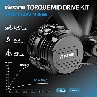 48V1000W Mid Drive Motor Kit - TSDZ16 160N.m Torque Sensor Ebike Conversion Kit(IPX6 Waterproof Upgrade) for BB 68-73MM Mountain Bike Road Bike with Ebike Display & Battery (Optional)