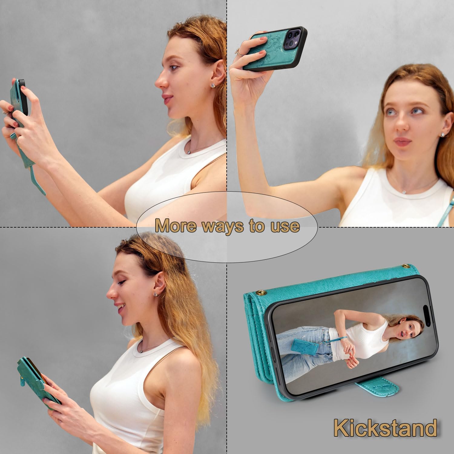Lacass for iPhone 14 Pro Max Detachable Crossbody Wallet Case,Compatible with MagSafe Wireless Charging, [Cards Theft Scan Protection], Magnetic Case Stand PU Leather Zipper(Floral Blue Green)