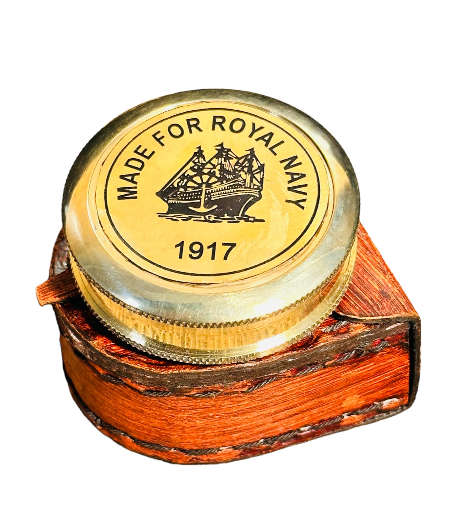 2" Polished Brass Compass Royal Navy 1917 with Leather Case Navigational Tool Used As Travelling, Hiking, Tracking, Showpiece; Item Sold by A&U Enterprises