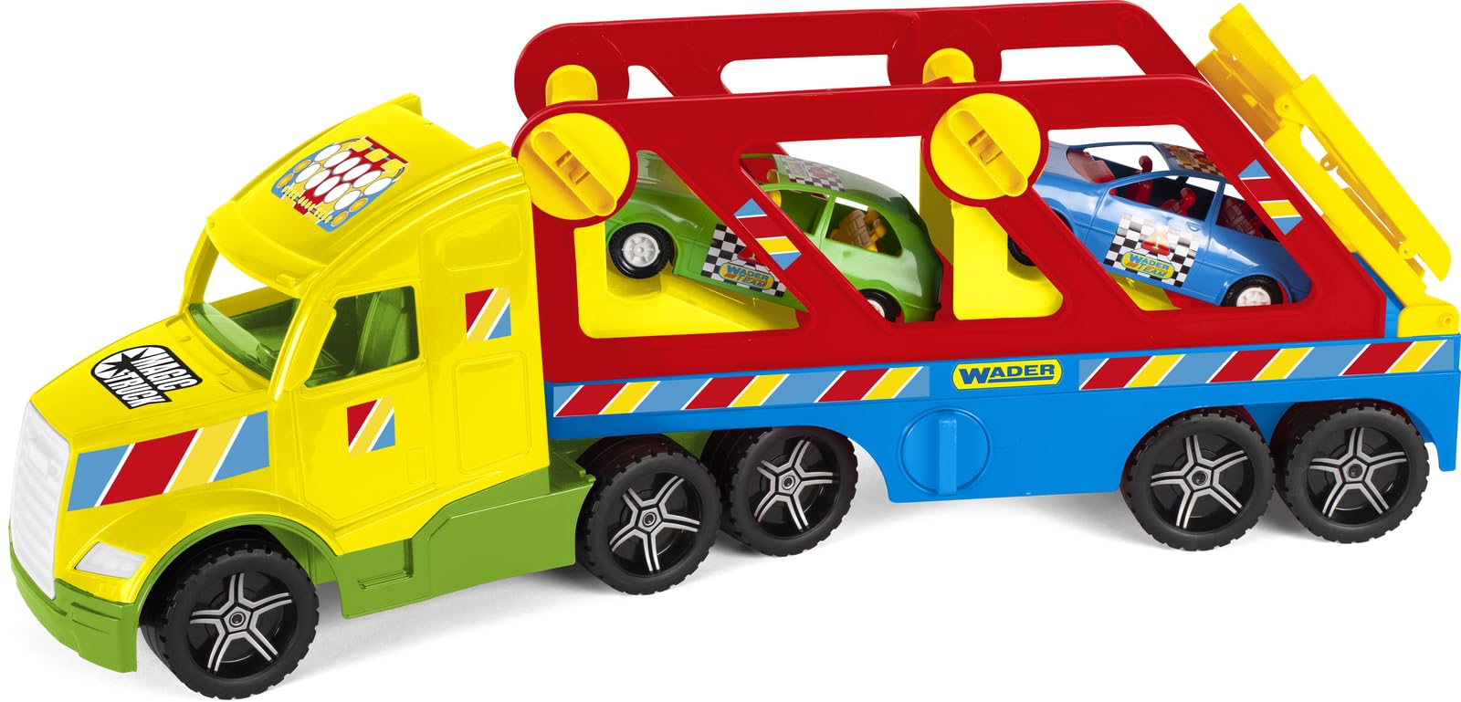 Wader 36361 - Magic Truck mit Zwei Autos und Rampe, Größe ca. 59,5 cm, für Kinder ab 3 Jahren, geeignet als Geschenk für kreatives Spielen