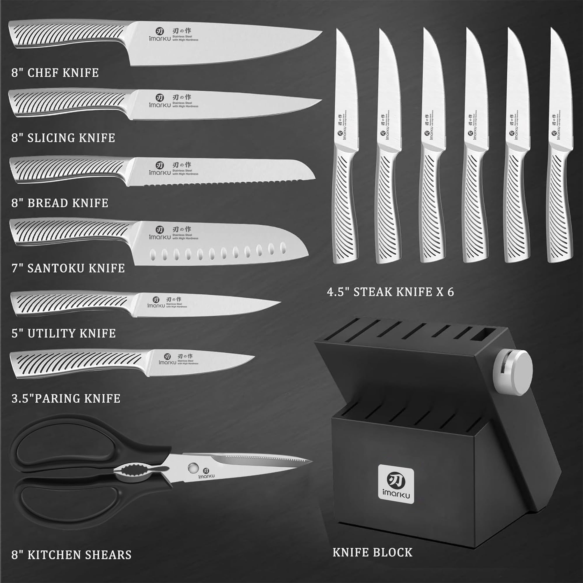 imarku Couteau Cuisine Professionnel, Set de 14 Couteaux de Cuisine en Acier Inoxydable, Bloc à Couteaux avec Aiguisoir, Poignée Ergonomique, Cadeau Fête des Pères