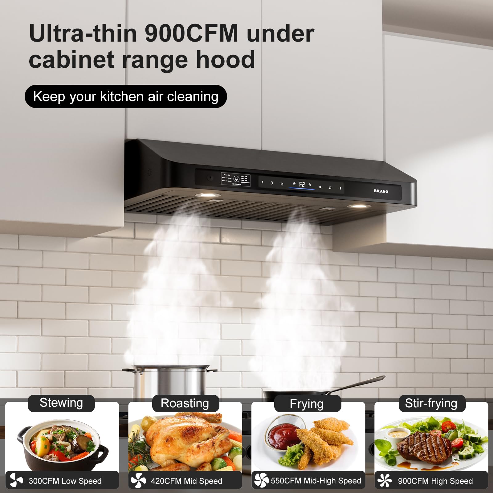 BRANO 30 Inch Under Cabinet Range Hood with Voice/Gesture/Touch Control, 900 CFM Kitchen Hood with 4-Speed Exhaust Fan, Stainless Steel Stove Hood with LED Lights, Baffle Filters - 4