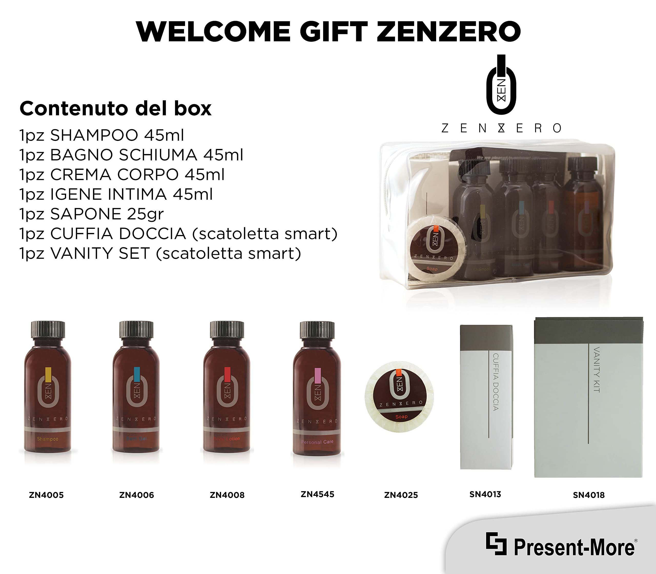 PRESENT-MORE - Set Cortesia 24 Ospiti Zenzero - Fragranza Zenzero e Limone - Contiene: Shampoo, Gel Doccia, Crema, Gel Intimo, Sapone e Accessori - Per Hotel e B&B