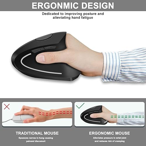 Miniatura 2 de Vassink Mouse ergonómico mouse inalámbrico recargable 24 GHz recargable inalámbrico vertical con receptor USB 6 botones 80012001600 DPI para laptop
