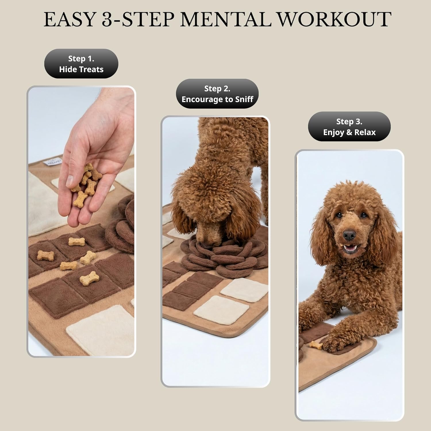 Snuffle Mat for Dogs – Interactive Feeding Mat for Slow Eating, 23.6 in x 23.6 in, Mental Stimulation & Boredom Relief (Beige Brown)