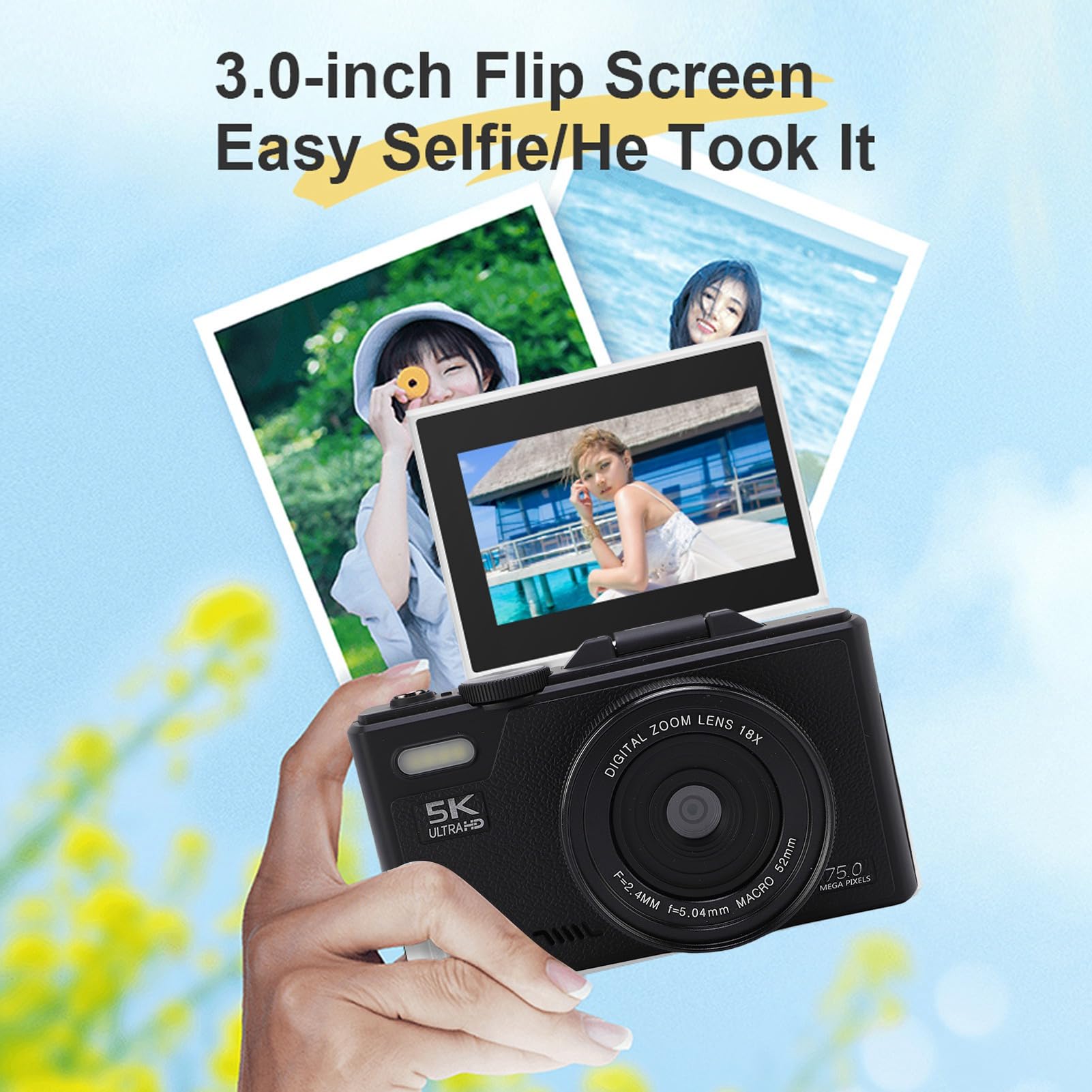 Caméra Numérique 5K, Caméra vlog WiFi UHD 75MP pour Youtube, Caméscope Numérique Portable pour la Photographie, écran Flip 3in 180 °, Zoom 18x, Automatique, avec Carte Mémoire (Black)