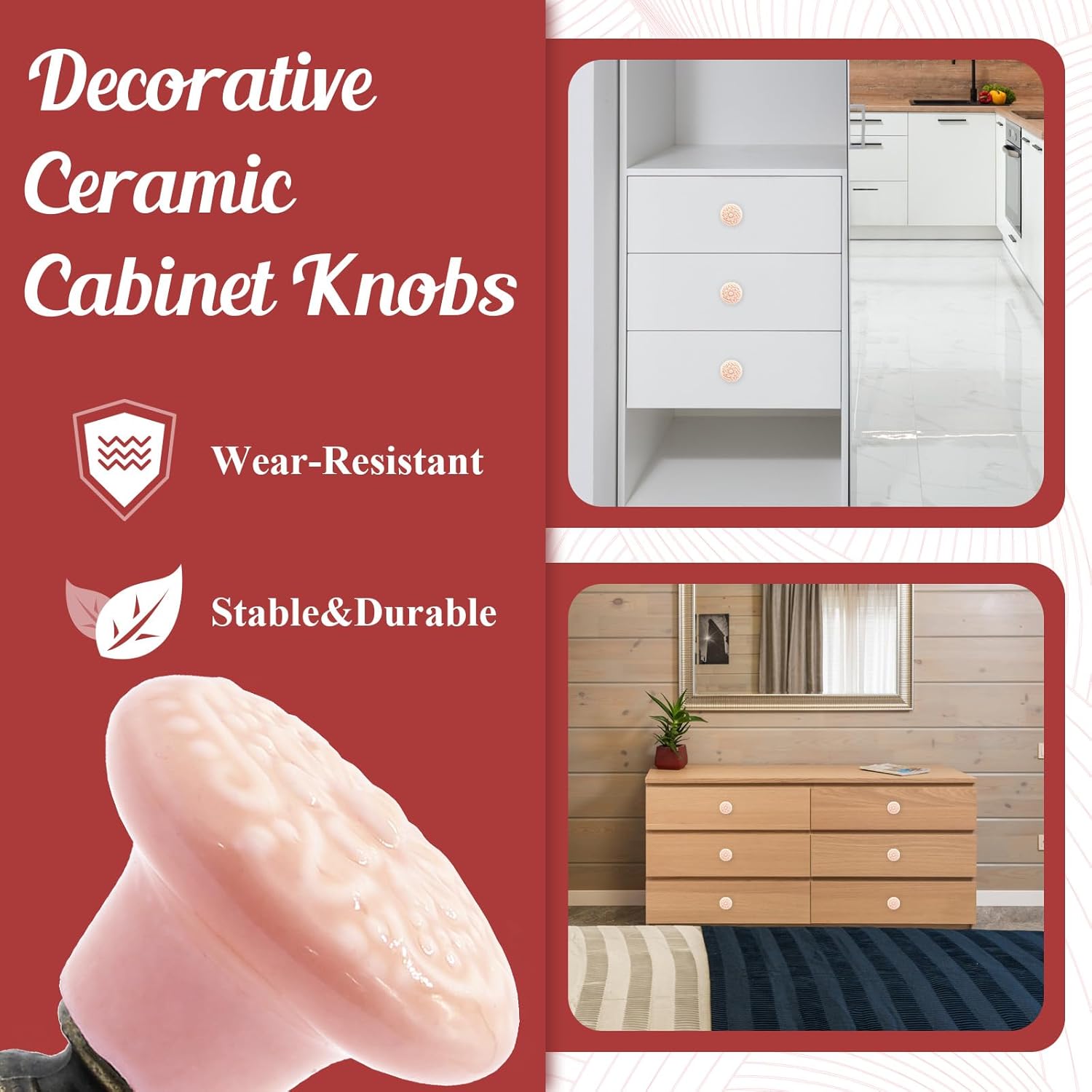 8pcs Pink Vintage Ceramic Kitchen Cabinet Knobs & Pulls - Retro Drawer Handles for Closet, Cupboard & Furniture Doors