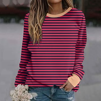 Long Sleeve Striped Shirts for Women Oversized Fall Fashion Gym Tops Dressy Casual Crewneck Sweatshirt Trendy Outfits