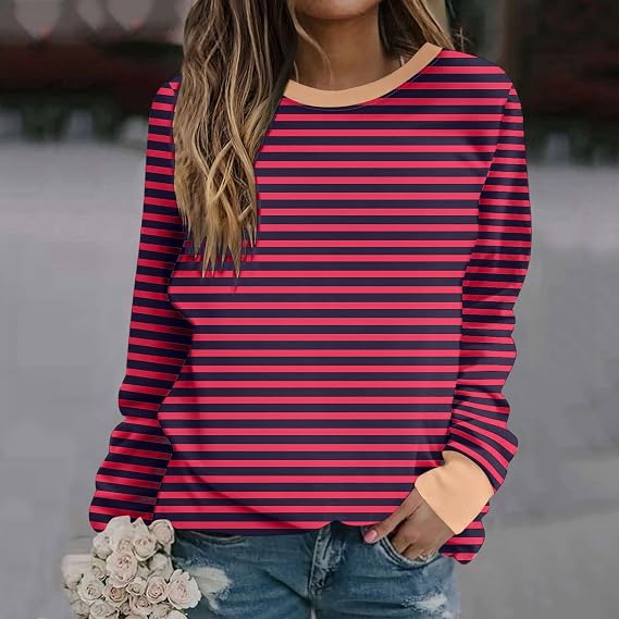 Long Sleeve Striped Shirts for Women Oversized Fall Fashion Gym Tops Dressy Casual Crewneck Sweatshirt Trendy Outfits