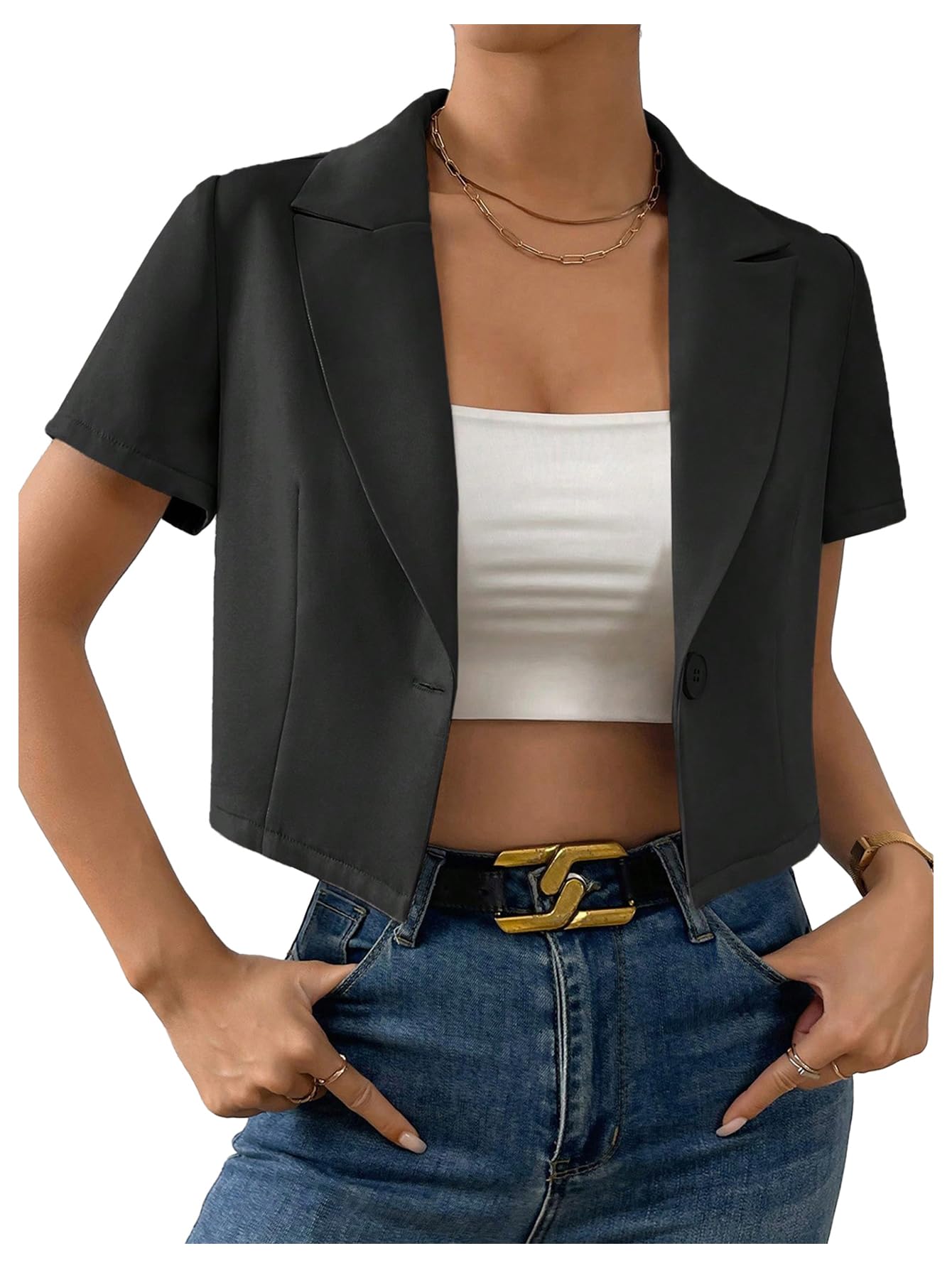 Floerns Womens Elegant Blazer Jacket Short Sleeve Button Lapel Business Outfit
