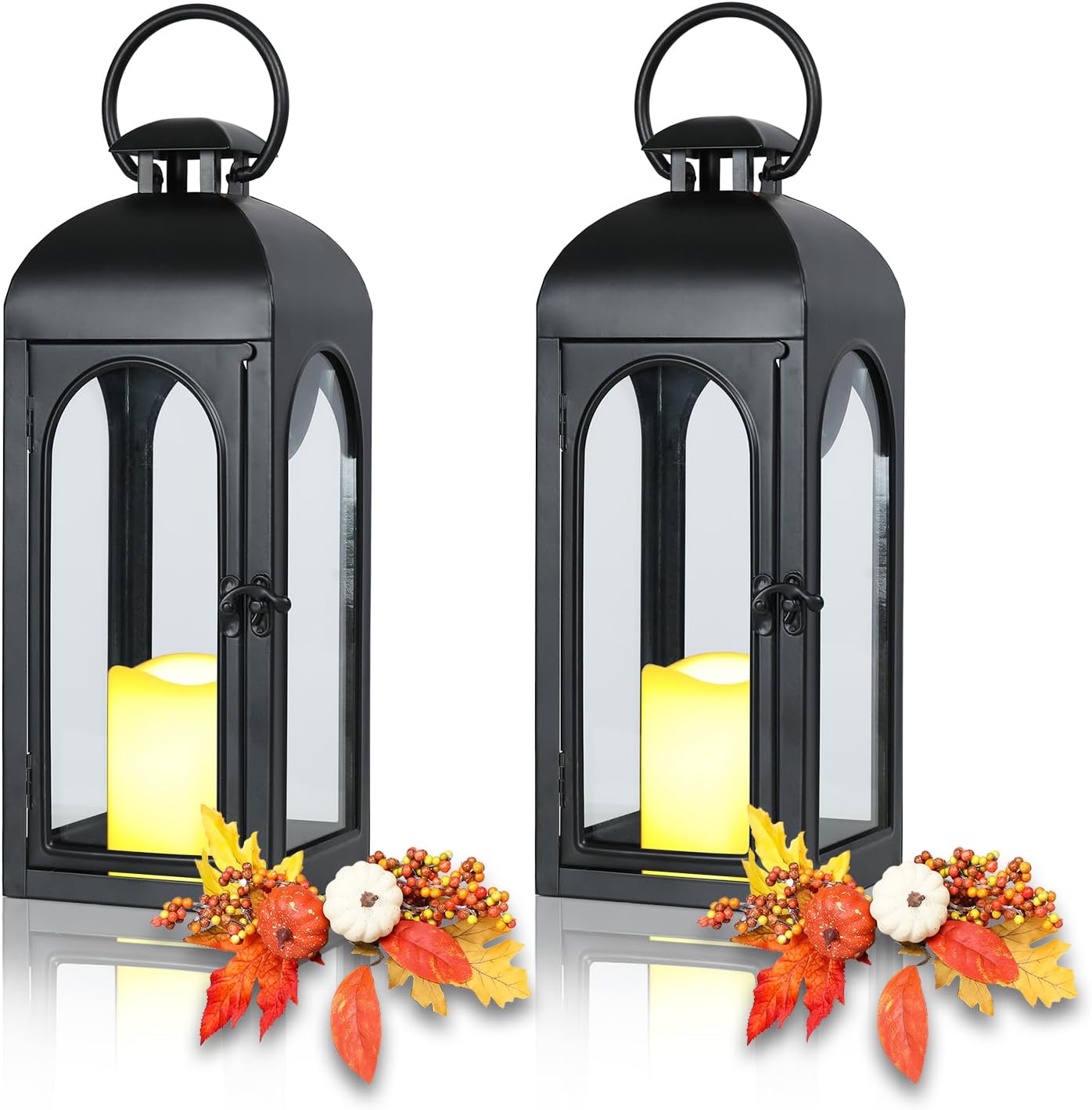 Taman Decorations Candle Lantern, 16" Flickering Flameless Lanterns Decorative Hanging Candle Lantern Metal Vintage for Thanksgiving Day Outdoor Patio Garden, Table,Party Decor, 2 Pack
