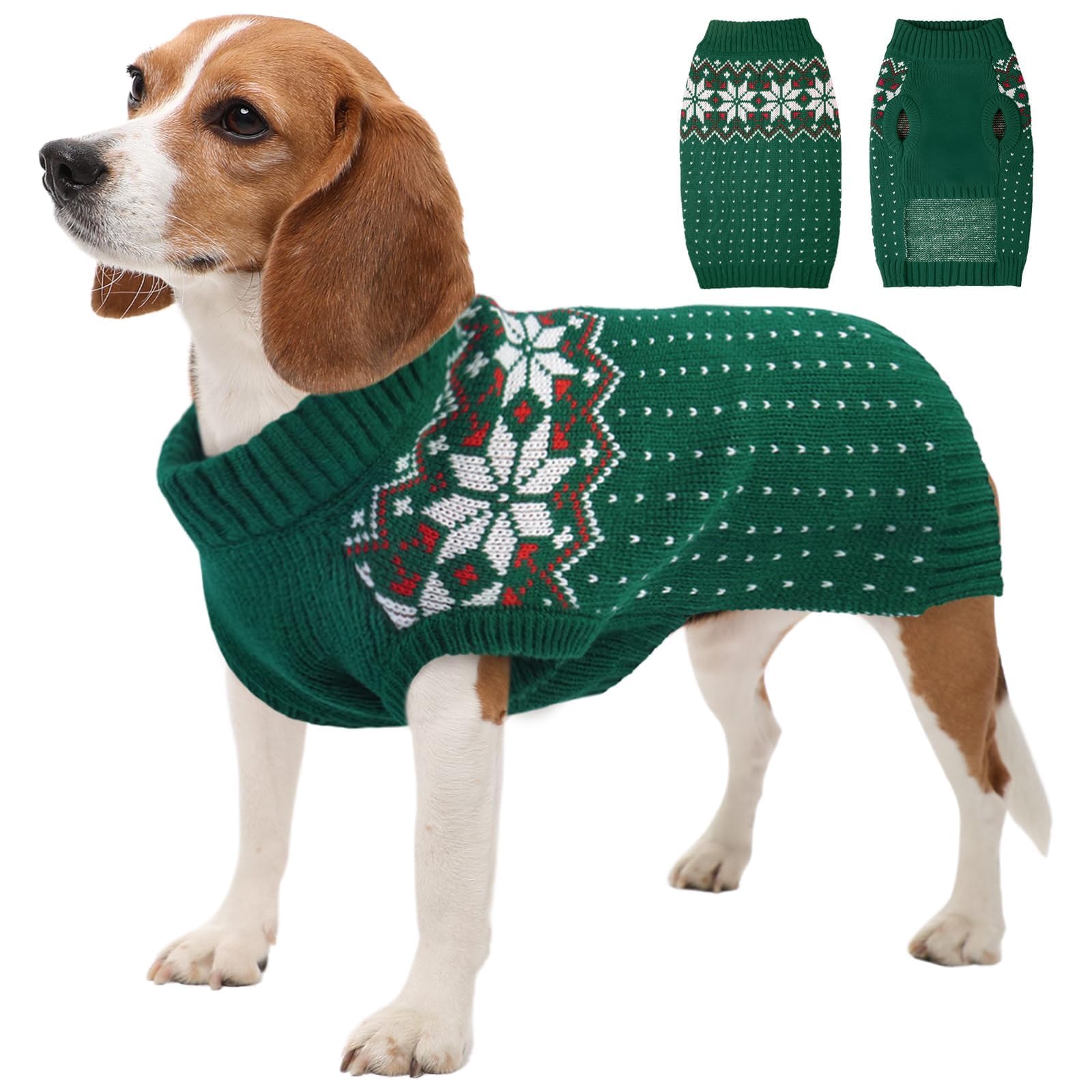 Kuoser Dog Christmas Sweater, Soft Warm Xmas Sweaters for Small Medium Large Dogs Boy Girl, Comfortable Dog Sweater with Leash Hole Snowflake Puppy