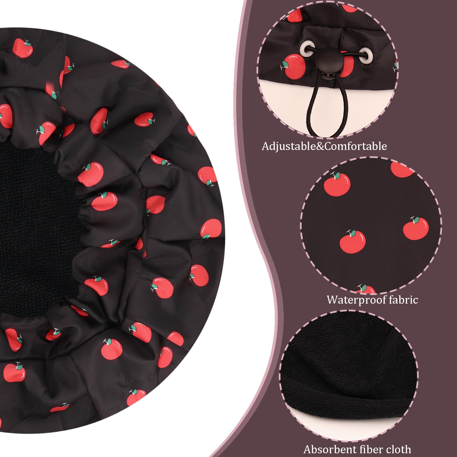 Shower Cap,Adjustable Large Shower Cap for Women,Cloth Lined EVA Exterior Reusable Double Layer Waterproof,for All Hair Lengths Hotel Travel Essentials Accessories-Black - Image 2