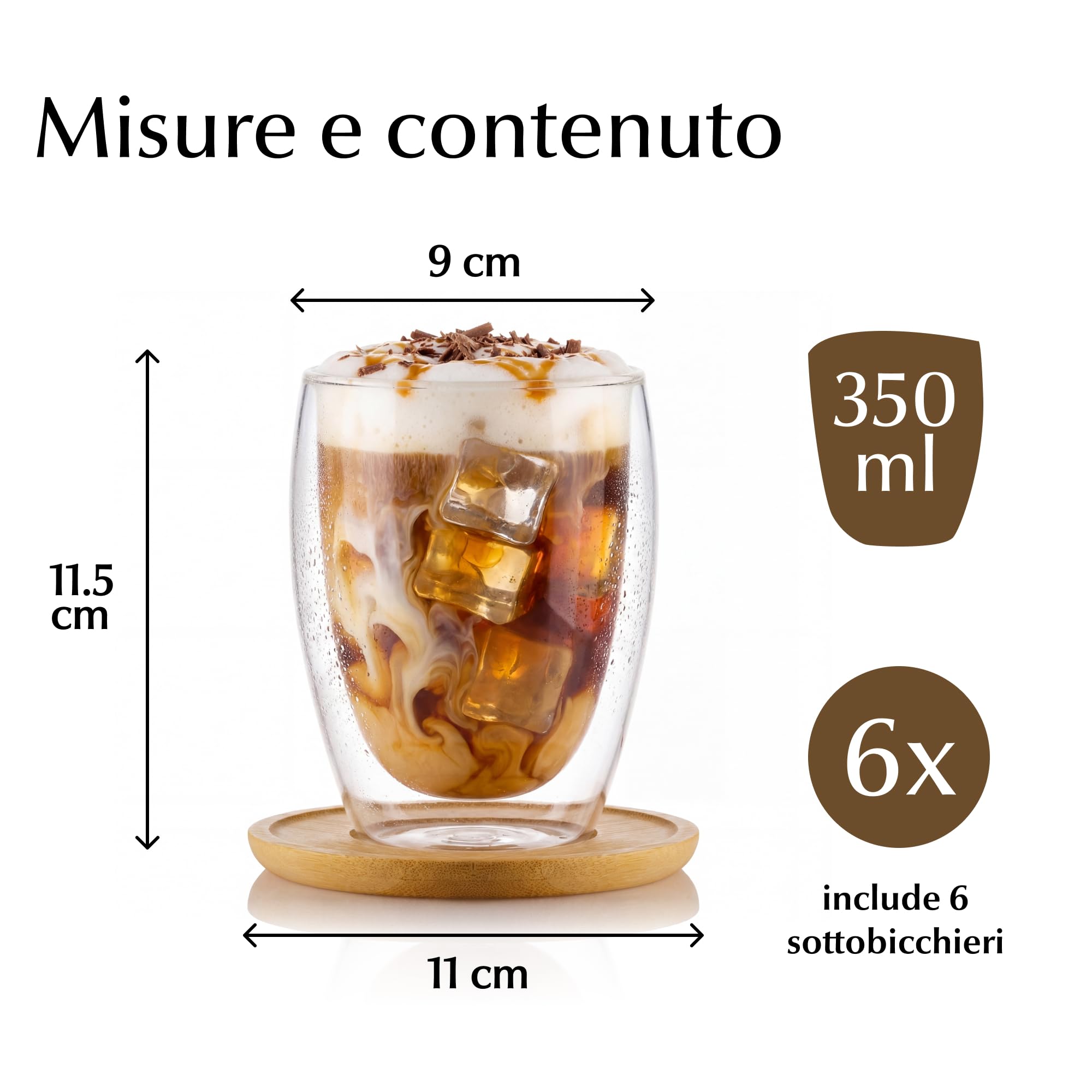 MIAMIO - Set di 6 bicchieri latte macchiato/bicchieri termici a doppia parete/senza manico/con piattino/bicchieri da cappuccino/pareti spesse/in vetro borosilicato (350 ml)
