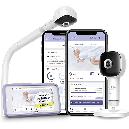 HUBBLE CONNECTED SkyVision Pro AI-Enhanced HD Smart Baby Monitor, 1 Camera, Parent Unit, Mounts, Smart Rollover & Cry Detection, AI Sleep Report, 2-Way Talk, Night Vision, Light & Sounds, Baby App