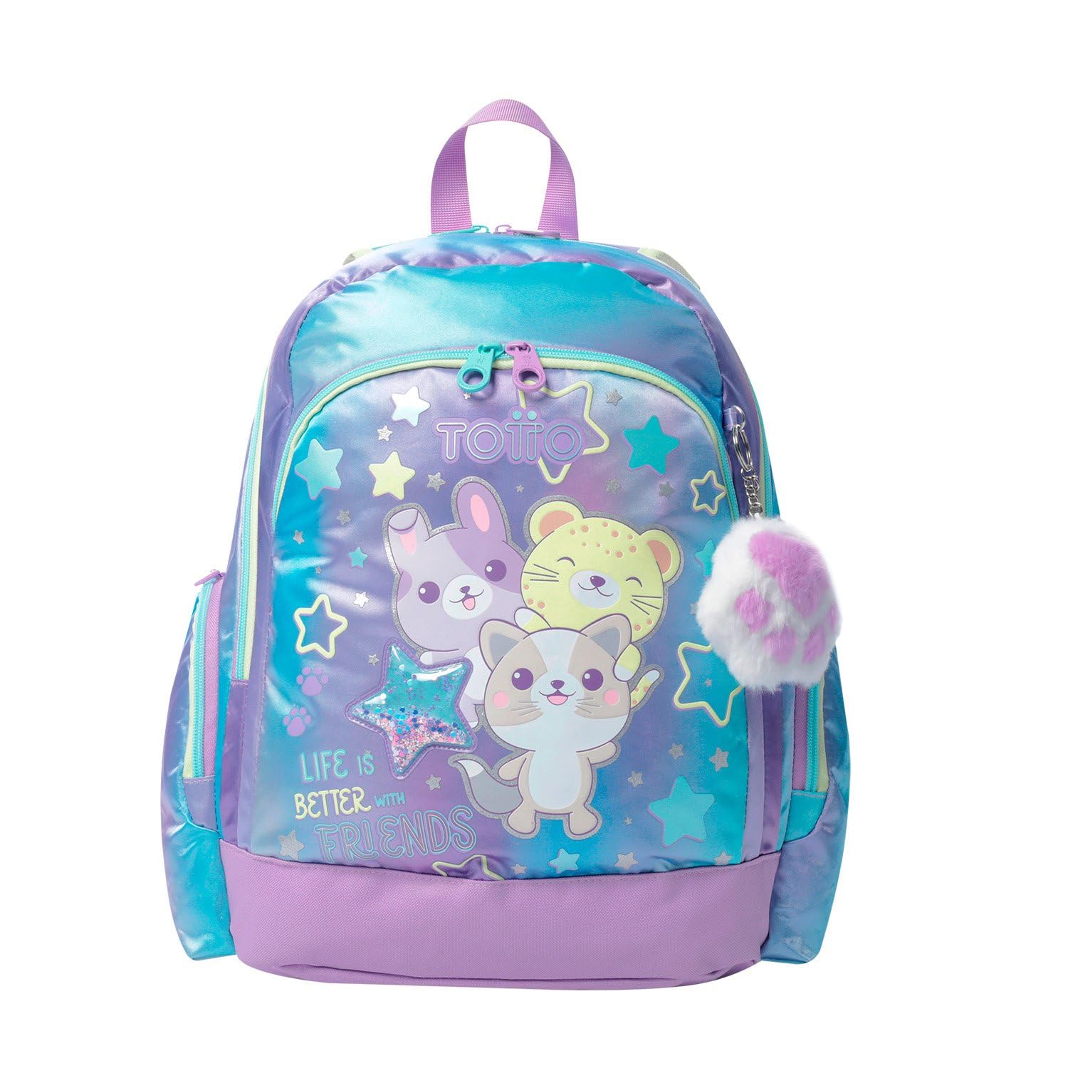 TOTTO - Mochila Infantil, Modelo Friends M, Mochila Mediana, Capacidad 16 L, 2 Compartimentos, 2 Bolsillos para Botella, Organizador Interno, Correas Acolchadas, Resistente y Duradera, Color Morado