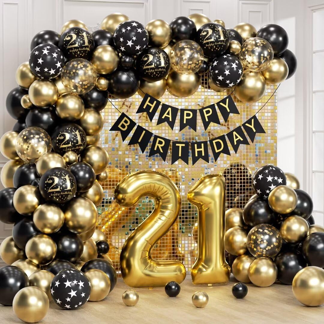 Anjerlfu 21st Birthday Decorations for Him Her with Happy 21st Birthday Decorations Banner 21 Balloon Number, Black and Gold 21st Birthday Balloons