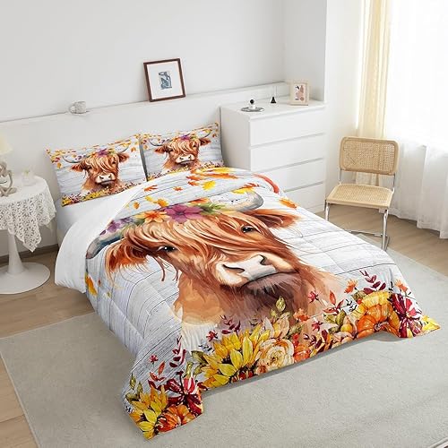 Miniatura 4 de Feelyou Juego de edredón de hojas de otoño, tamaño individual, juego de edredón de otoño de vaca de las tierras altas, edredón de temporada de
