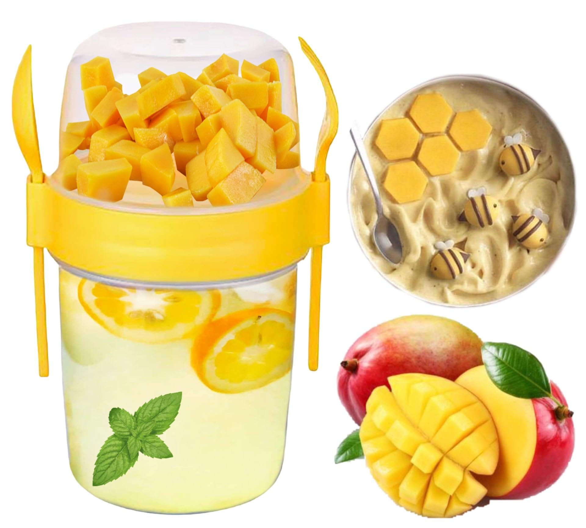 Vingardium Leviosa Yellow (1100Ml) Yogurt Pots Reusable 800 & Yoghurt Container With Spoon & Fork Bpa Free Breakfast Pots To Go Muesli Cereal On The Go Dishwasher Safe Lunch Box Oatmeal Jars (Yellow (1100Ml)) 1100Ml