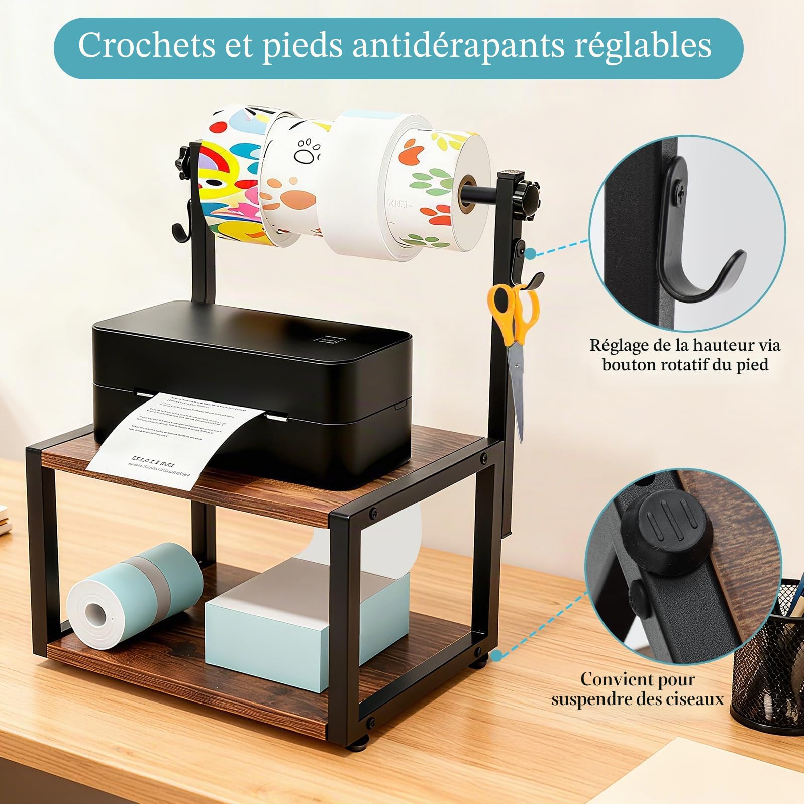 Porte-étiquettes Thermiques pour étiquettes en Rouleau et Continues, Support pour Imprimante avec Deux étagères et Crochets Intégrés, Accessoire pour Imprimante D'étiquettes de Bureau