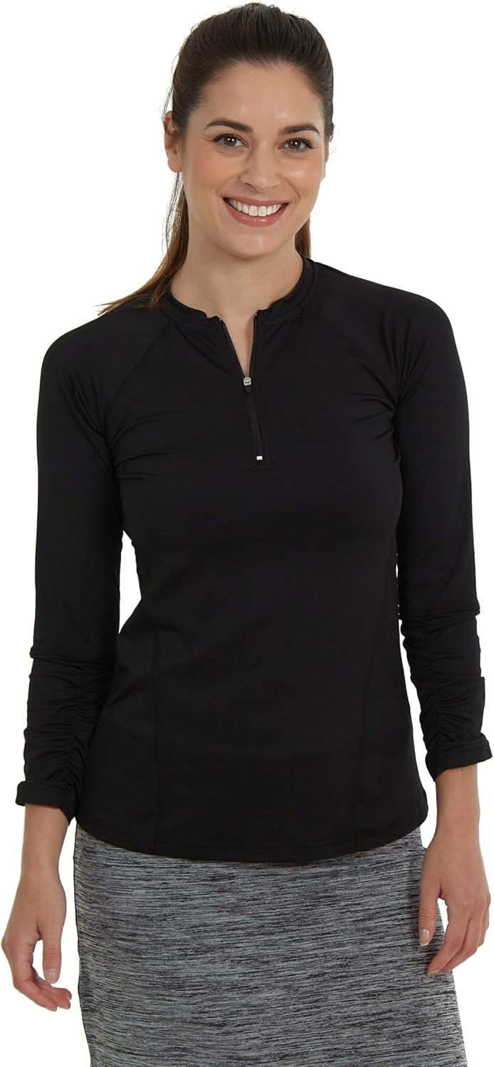 Snoga Athletics -Women’s Modest Athletic 1/4 Zip Pullover Shirt w/ 3/4 Ruched Sleeves, Light-Weight, Quick Dry