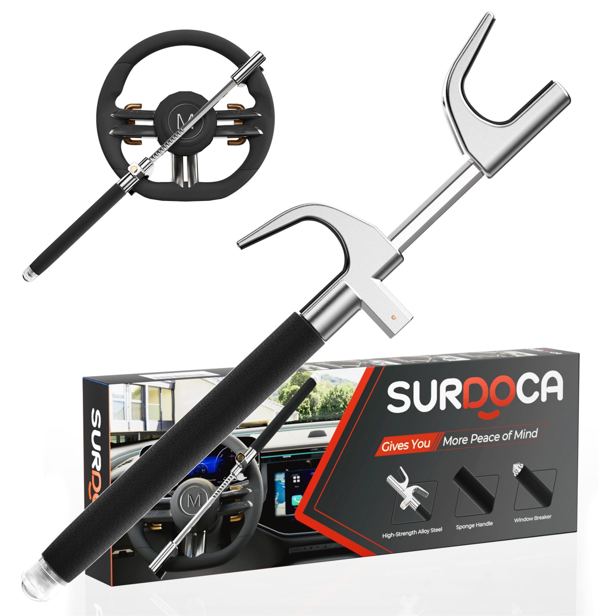 SURDOCA Multifunction Steering Wheel Lock – High Security Anti Theft with Window Breaker – Universal Car Wheel Lock – Easy Installation Fit for Auto Truck SUV Van