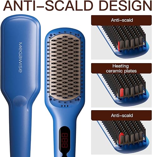 Miniatura 2 de MEGAWISE Cepillo alisador de cabello iónico de cerámica profesional para salón en casa, cepillo alisador con tecnología de calefacción de 20