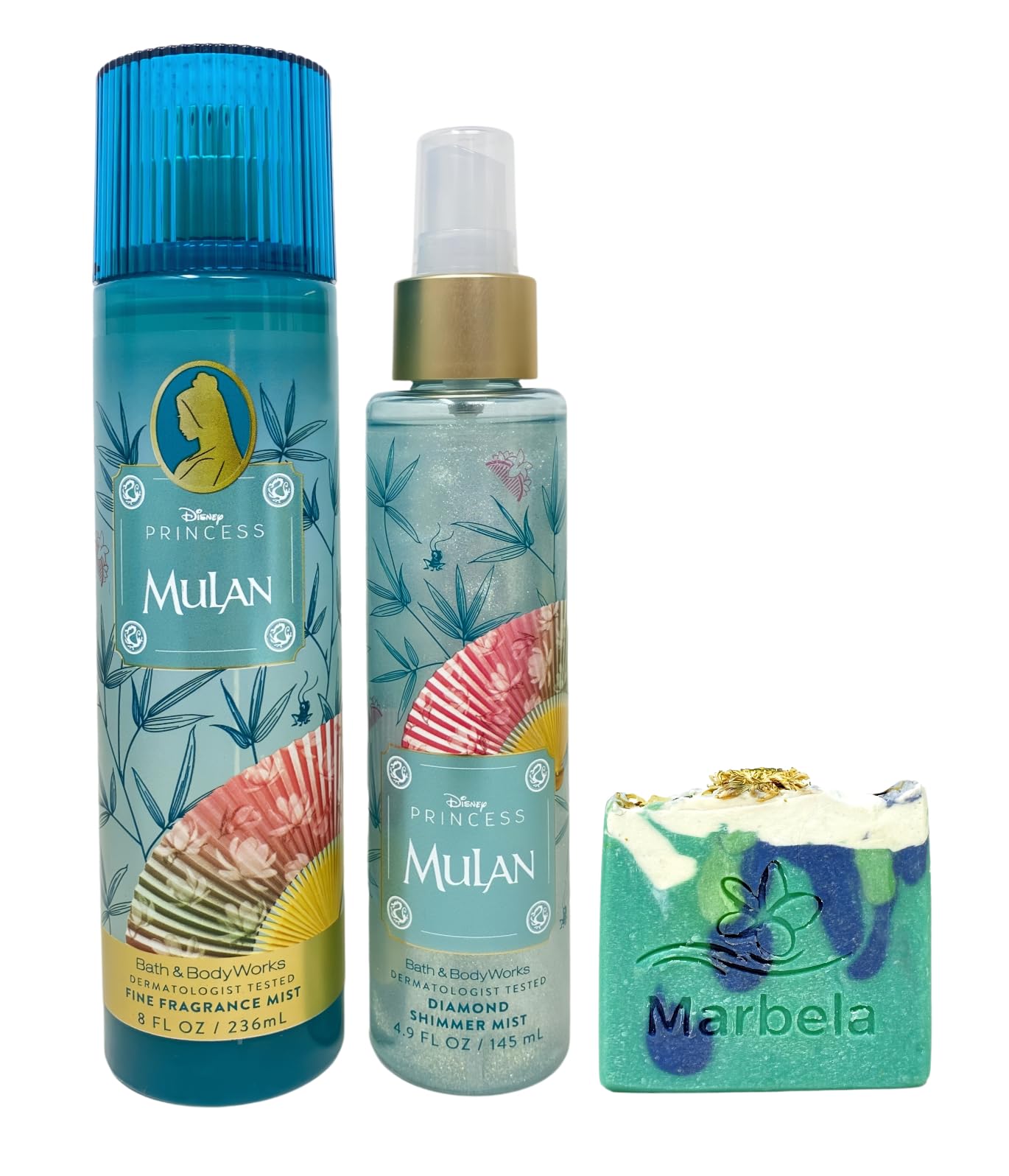 Bath & Body Works Limited Edition Princess Collection Mulan Fine Fragrance Mist and Diamond Shimmer Mist with an Aloe Vera Bar Soap