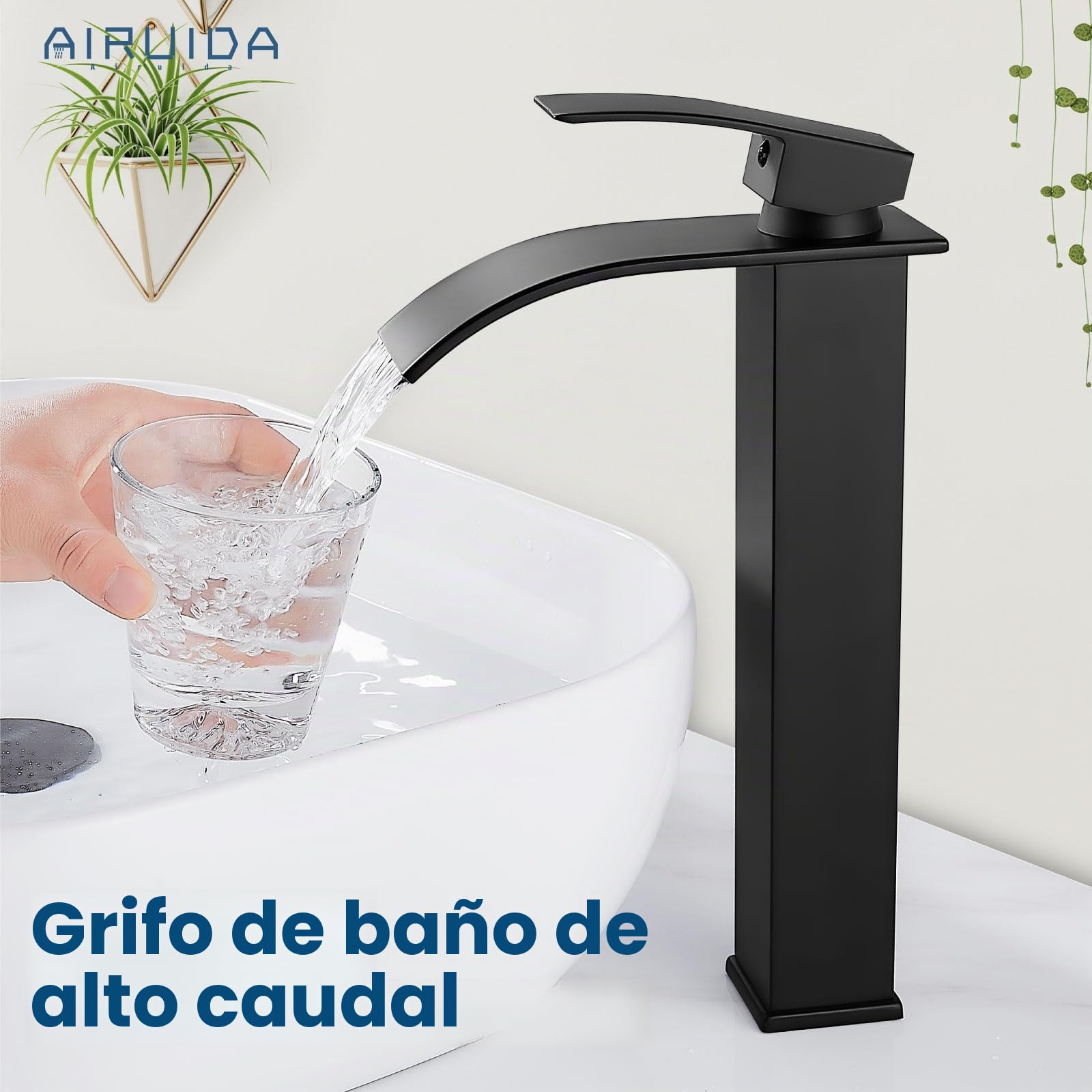 Airuida Grifo de baño de cascada alto de latón negro mate con un solo agujero de montaje en cubierta con boquilla rectangular grande para lavabo
