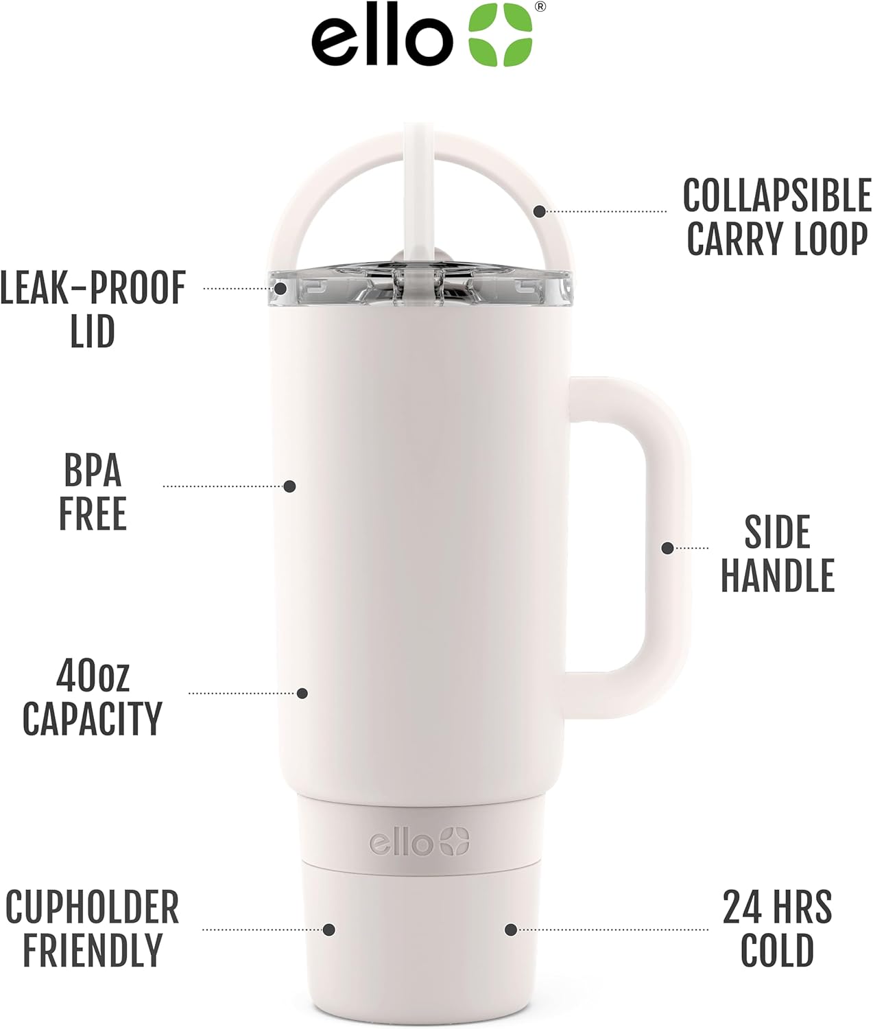 Ello Port 40oz Tumbler with Carry Loop & Integrated Handle, Vacuum Insulated Stainless Steel Reusable Water Bottle, Travel Mug with Leak Proof Lid & Straw, Perfect for Iced Coffee & Tea, Cream - Image 2